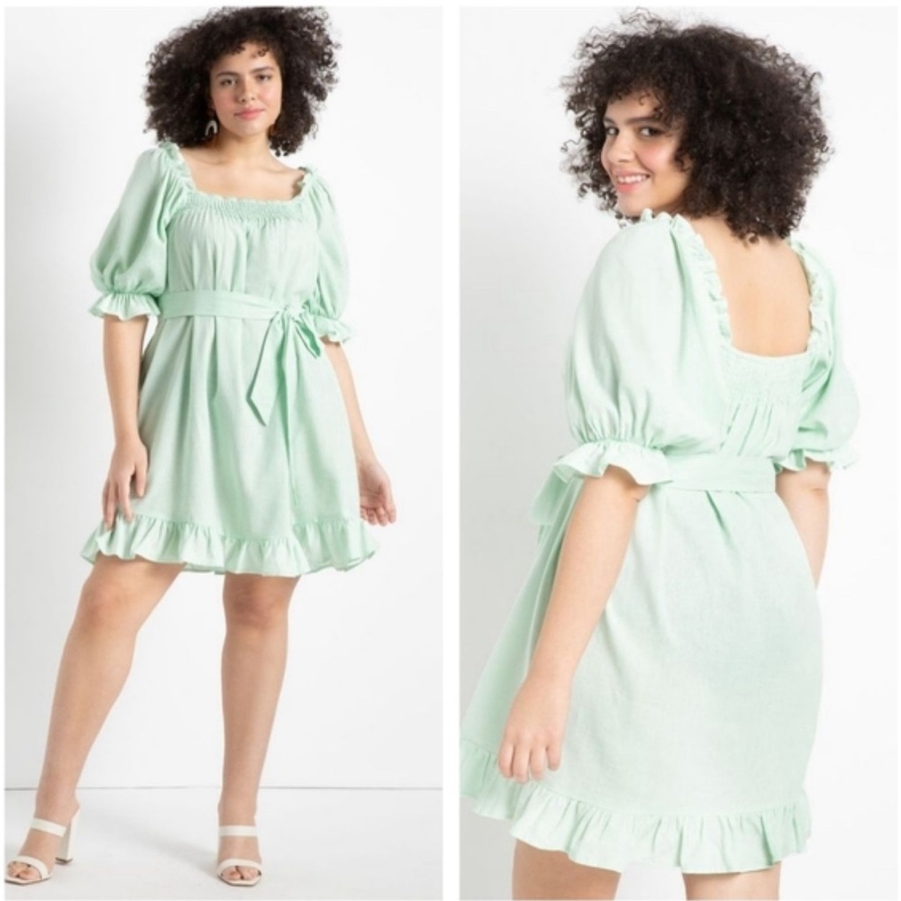 Eloquii Sz 18/20 Mint Green Linen blend puff sleeve Smocked Front Mini Day Dress